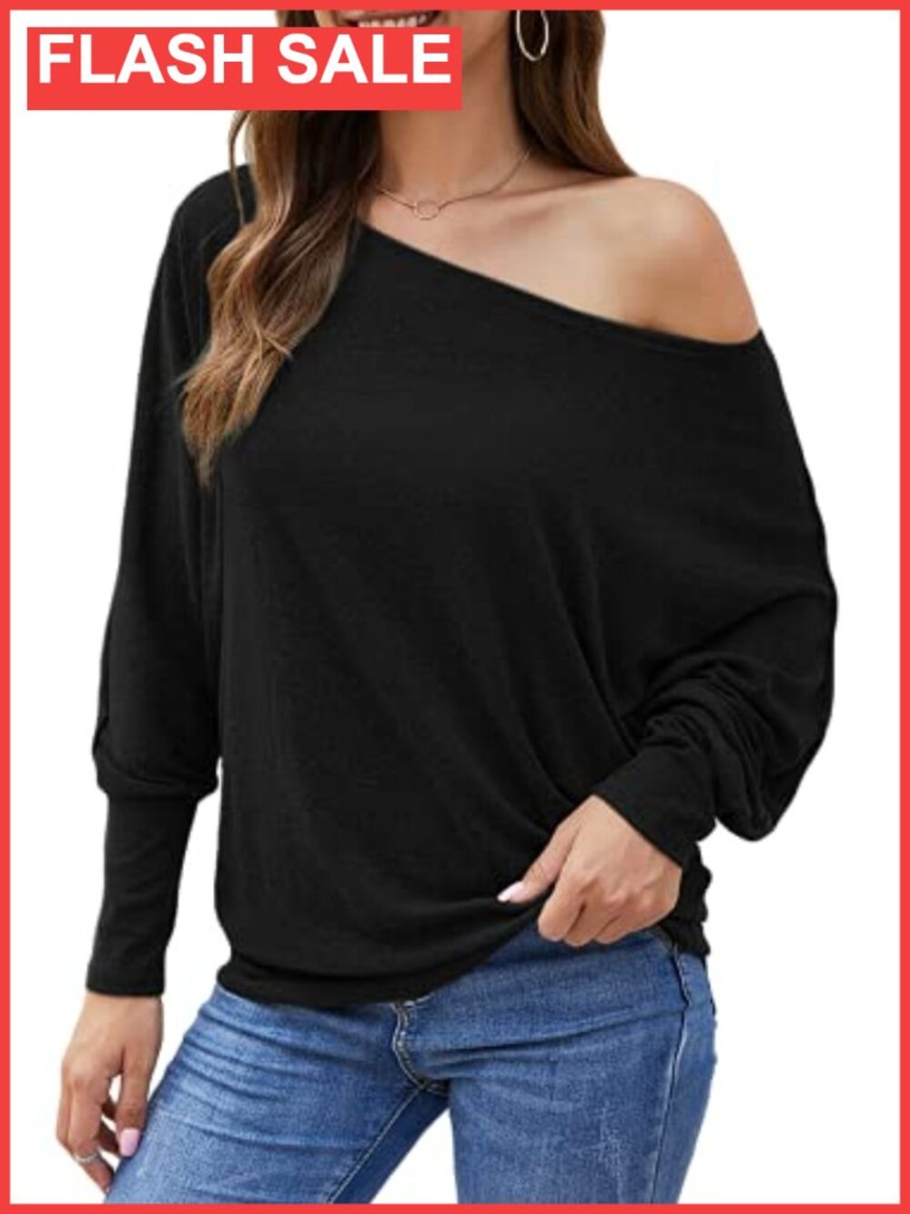 Aifer Off Shoulder Top Long Sleeve Batwing Oversized Pullover